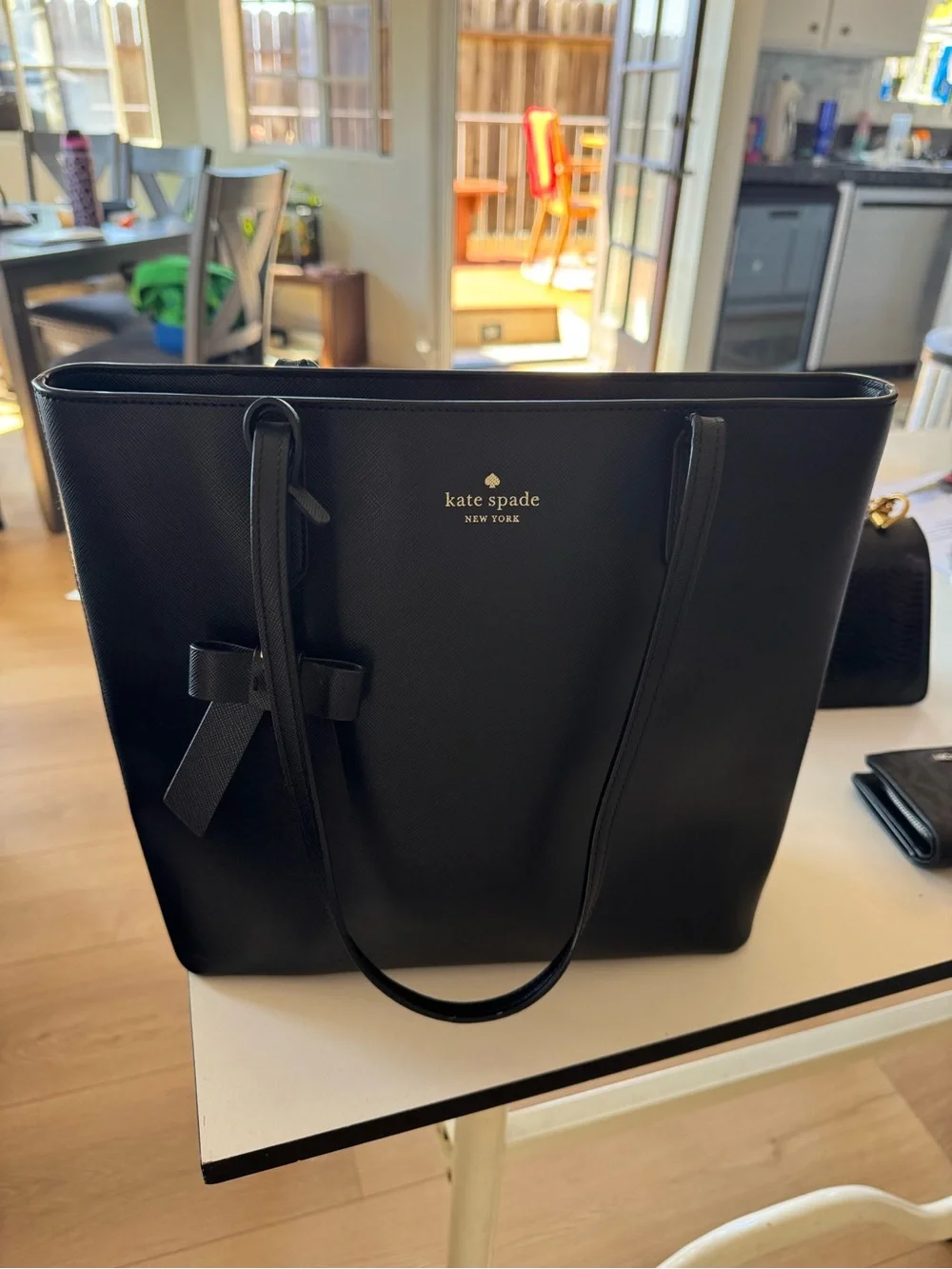 Kate Spade New York Black Saffiano Leather Tote Bag Bow Zip Top Shoulder Purse